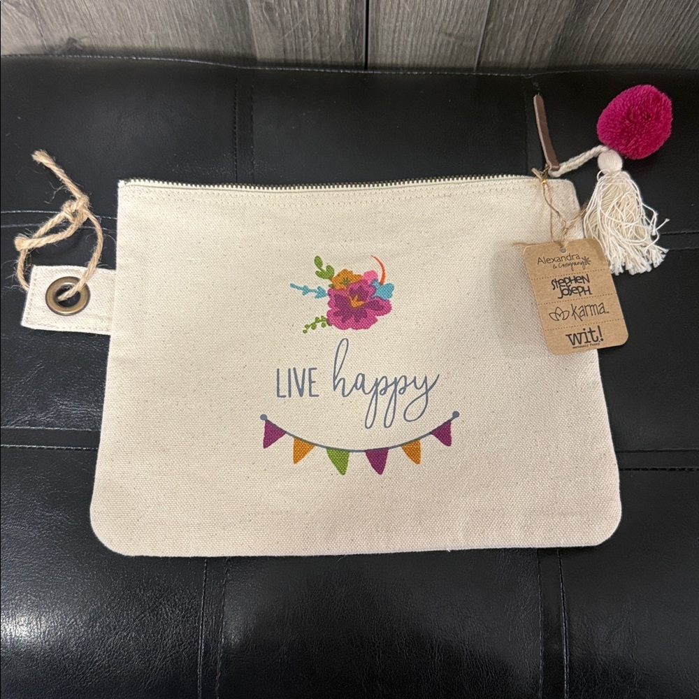 New Alexandra & Co Live Happy Canvas Make Up Or Small Trinket Zippered Bag